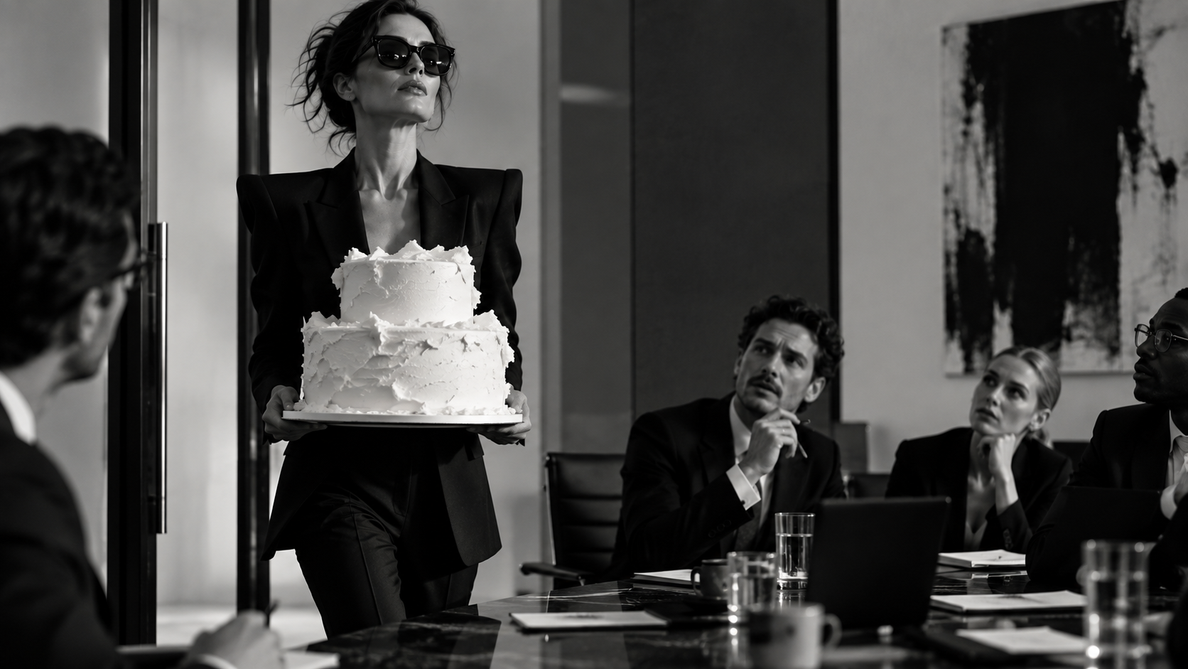 A woman carrying a large white cake into a boardroom of seated executives