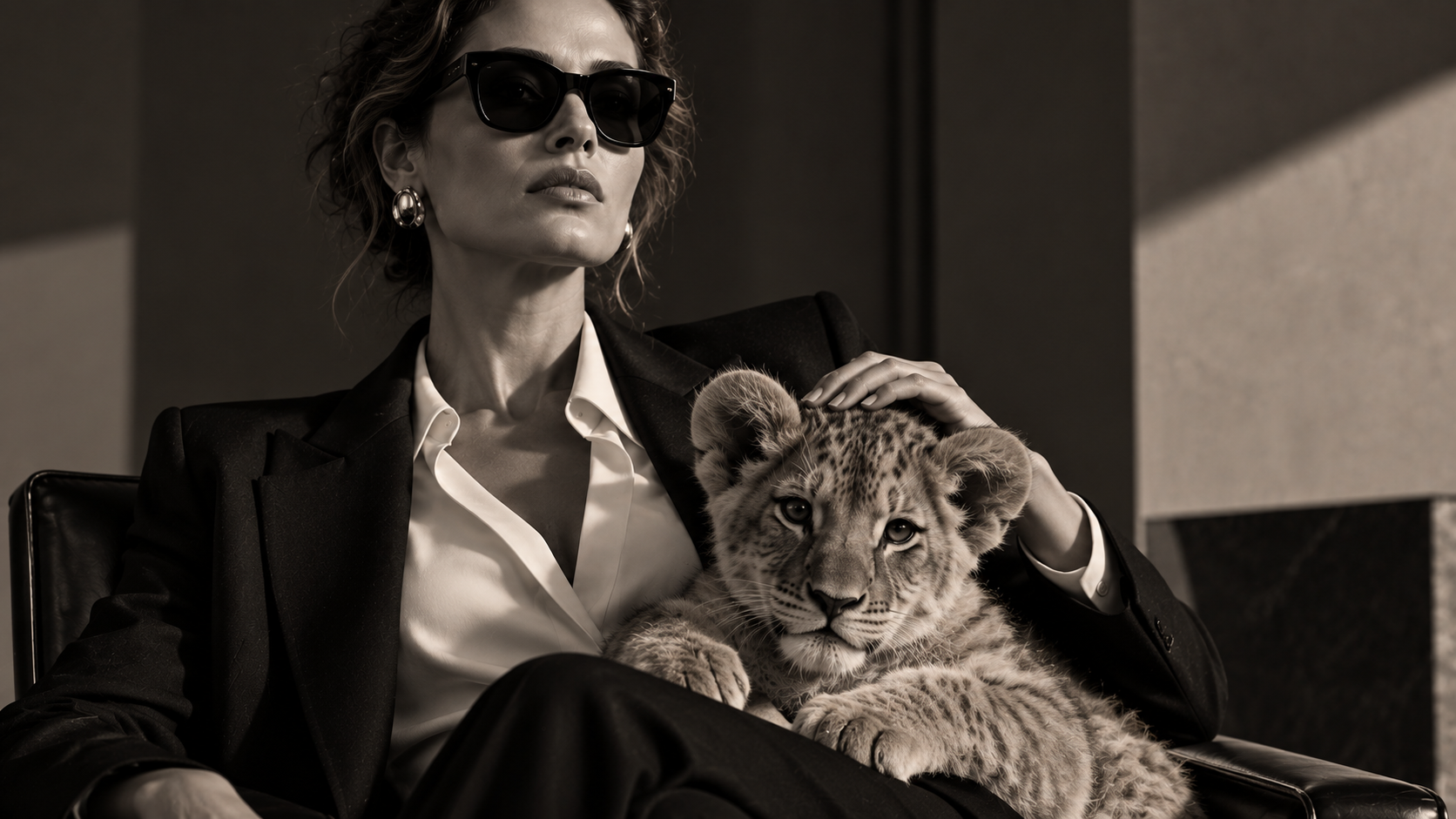 A woman in a black suit seated in a leather chair with a lion cub settled in her lap