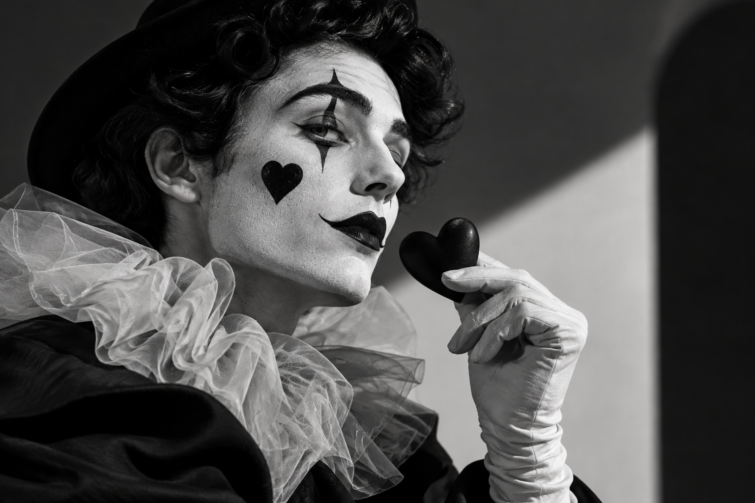 A mime in white face holding a small black heart between two gloved fingers