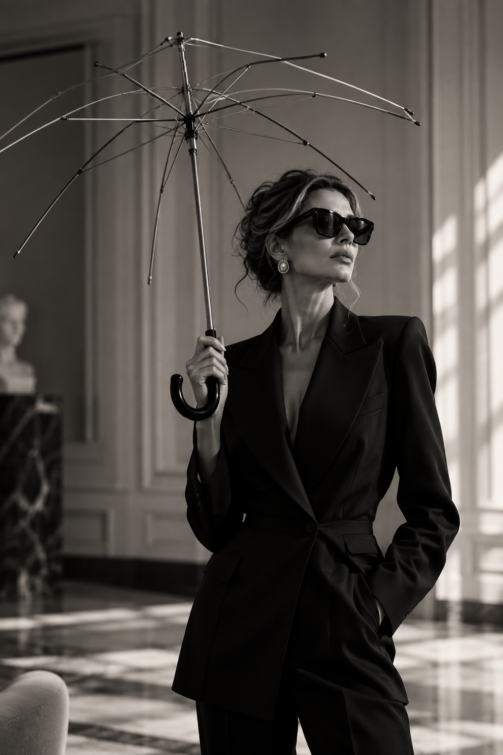 A woman in a black suit holding an umbrella indoors that has no fabric at all, only its bare metal frame